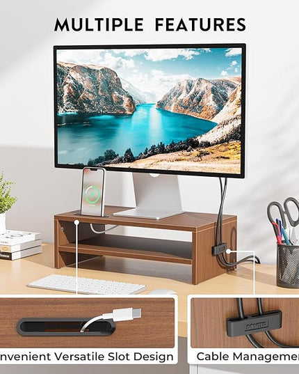 BONTEC Wooden Monitor Stand Riser, 2-Tier Desk Shelf with Storage Organizer, Ergonomic Computer Stand with Cable Management, Cellphone Holder, Walnut, 16.5 Inch