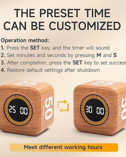 Exlliy Rotating Productivity Timer 5, 25, 10, 50 Minutes Preset, Desk Cube w/Gravity Sensor for ADHD, Mute Functions, Ideal for Work, Study, Kitchen, Back to School (1, Wood Grain Finish)