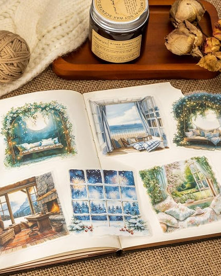 AuriicLeaf Window Scenery PET Sticker Set, 60Pcs Large Landscape Stickers for Scrapbooking, Journaling, Junk Journal Supplies, and DIY Crafts