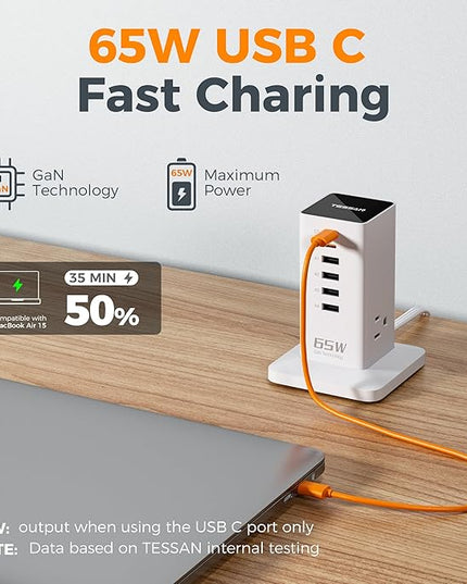 USB Charging Station for Multiple Devices PD 65W, TESSAN 9-in-1 USB C Charger Block for iPhone 17/16/15, MacBook, Tablet, Type C Desktop Charger with 3 AC, Home Travel Office Accessories, White