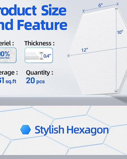 20 Pack Hexagon Acoustic Panels with Self-Adhesive, 12" X 10" X 0.4" Sound Proof Foam Panels for Walls, High Density Soundproof Wall Panels, Sound Dampening Panels for Home Studio Decor Office - White