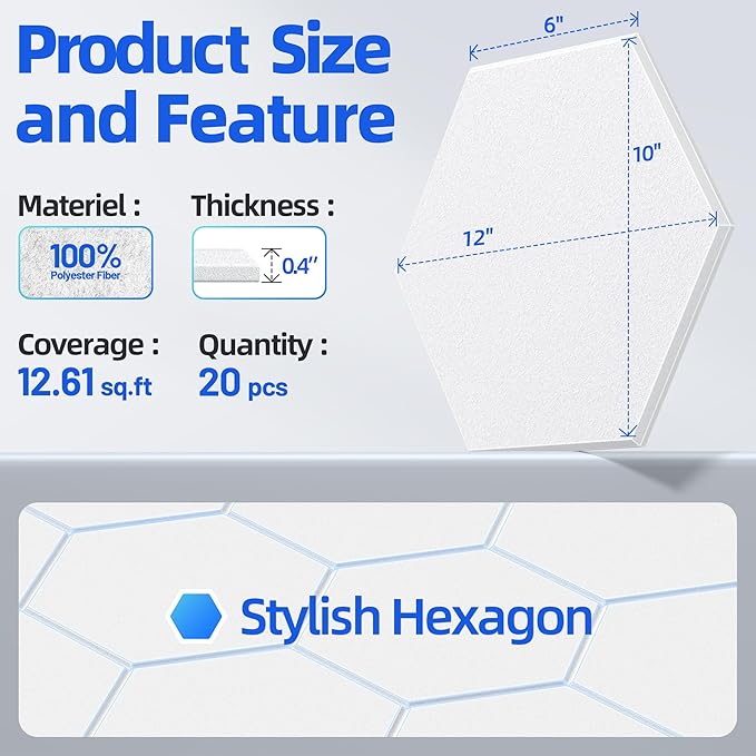 20 Pack Hexagon Acoustic Panels with Self-Adhesive, 12" X 10" X 0.4" Sound Proof Foam Panels for Walls, High Density Soundproof Wall Panels, Sound Dampening Panels for Home Studio Decor Office - White