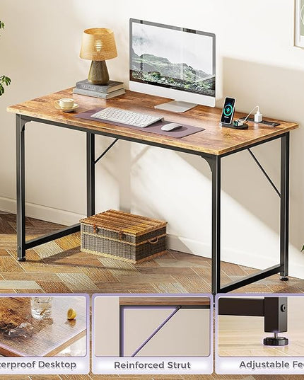 PRAISUN 40 X 20 Inch Computer Desk with Power Outlets and USB-C Port, Gaming Office Desk with Deeper Desktop, Writing Work Desk for Home Office, Study, Bedroom, Metal Frame, Rustic Brown