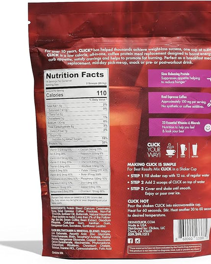 Click Coffee Protein Powder | Double Shot Espresso | 16g Protein | 23 Essential Vitamins | Low Calorie Meal Replacement | 150mg Caffeine | Gluten Free | No Artificial Flavors or Colors | Hazelnut