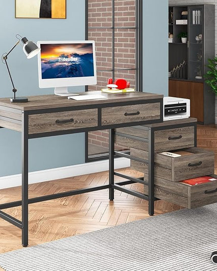 Tribesigns Computer Desk with 5 Drawers, Home Office Desks with Reversible Drawer Cabinet Printer Stand, Industrial PC Desk with Storage, Grey Study Writing Table Workstation for Small Spaces