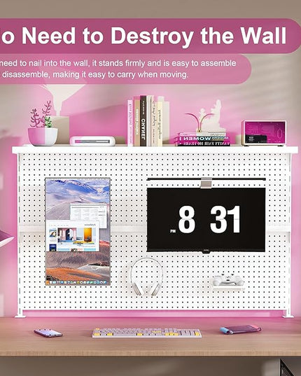 KEIKI Metal Pegboard Desk Organizer with Dual Monitor Stand, 59" x 35" Large Desk Peg Board with Hooks & Movable Panel, Office Organization and Storage Shelf for Gaming or Workstation Setup, White