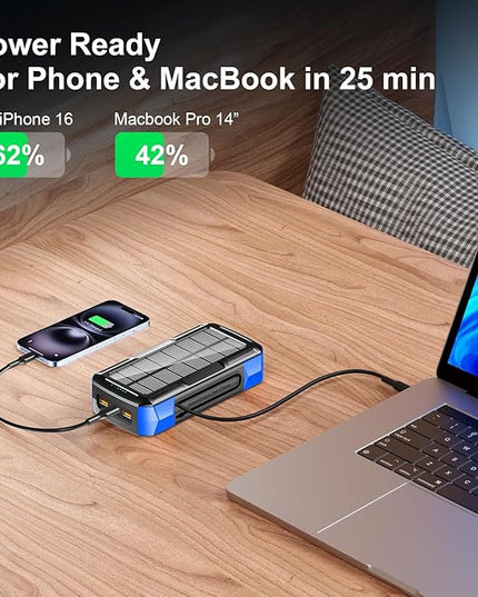 Solar Charger Power Bank 73200mAh, Portable Laptop Charger with 100W USB-C in/Output, Built-in Cables, Hand Crank Power Bank for Mobile Phones, Ideal for Outdoor Use with SOS/Strobe/Strong (blue)