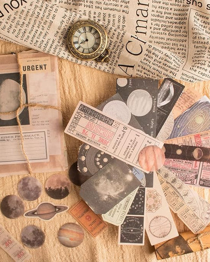 200Pcs Vintage Scrapbook Stickers, Aesthetic Junk Journal Stamping Supplies Kit, Scrapbooking Ephemera Washi Paper for Bullet Journaling Planners Diary Collage (Celestial)