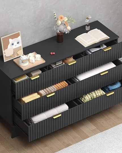 BORNOON Fluted 7 Drawer Dresser, 47.2" Wide Modern Boho Chest of Drawers, Wooden Storage Dresser TV Stand for Bedroom, Living Room, Closet, Hallway, Curved Profile Design