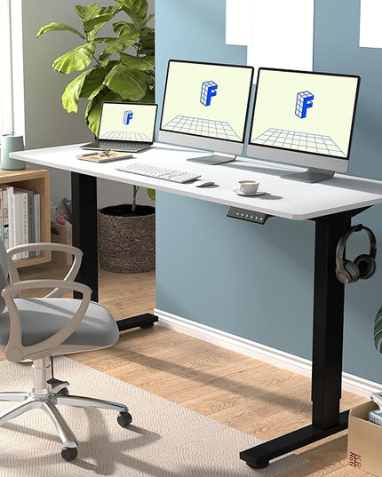 FLEXISPOT EN1 One-Piece Standing Desk with 1-Inch Thick Desktop, 60"x24" Electric Height Adjustable Desk for Home Office & Multi-Device Workstations, White