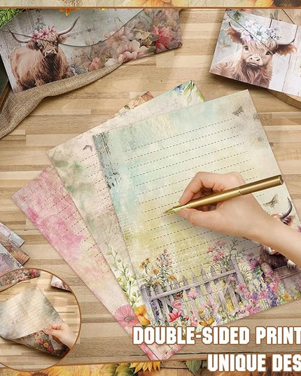 TaoBary 160 Pcs Stationery Paper Set 50 Double Sided Stationery Papers with 50 Matching Envelopes and 60 Round Dot Sticker, 10 Design(Floral Highland Cow,8.5 x 11 Inch)
