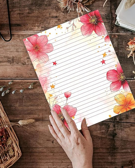 PARTH IMPEX 56 Sheets Watercolor Floral Lined Writing Paper 8.5x11 - Letter Size Ruled Stationery Letterhead Printer Paper - 120gsm Thick Decorative scrapbooking Colored Antique Aged Flowers Design