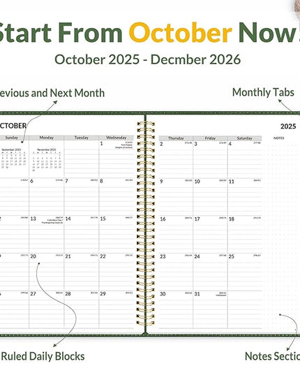 SUNEE 2026 Weekly & Monthly Planner 9"x11.2"- 12 Month (January 2026 - December 2026), Vegan Leather Cover, Pocket, Bookmark, Notes, Monthly Tab, Deep Green