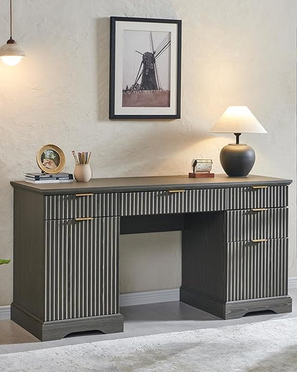 JXQTLINGMU 58" Modern Executive Desk with Storage, Wood Home Office Desk with Drawer & Cabinet, Fluted Computer Writing Desk for Study, Living Room, Bedroom, Grayish Green
