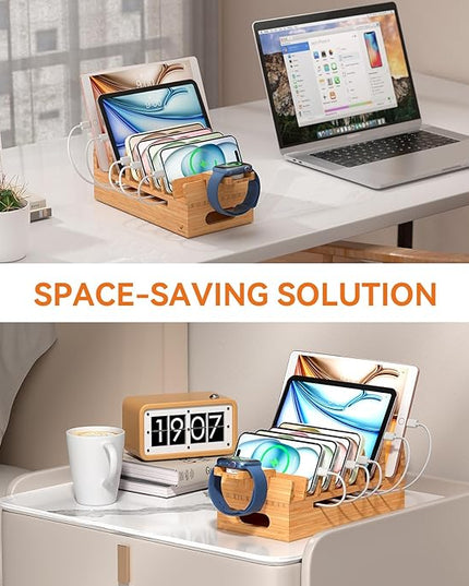 Pezin & Hulin Bamboo Charging Station with Watch Stand, Docking Holder for Multi Device with 5 Charge Cables, Desktop Dock Stations Electronic Organizer for Cellphone, Tablet, Watch-Natural Bamboo