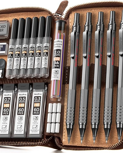 Nicpro 20PCS Black Metal Mechanical Pencil Set in Leather Case, Drafting Pencil 0.3, 0.5, 0.7, 0.9 mm & 2mm Lead Holders, 9 Tube (4B 2B HB 2H Colors) Lead Refills, Erasers For Art Sketching Drawing