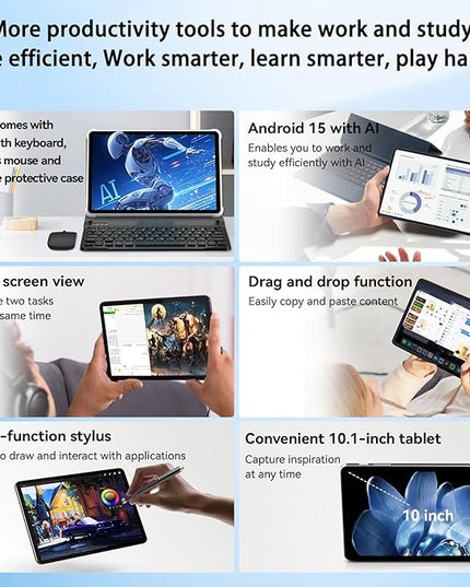 Android 15 Tablet 10 inch, 2025 Tablet with Keyboard, 2-in-1 Tablets with T615 Octa-Core, 20GB+128GB+2TB Expand, Gemini AI, 8MP Camera, 6000mAh, Android tablet with Keyboard, Mouse, Case, Stylus