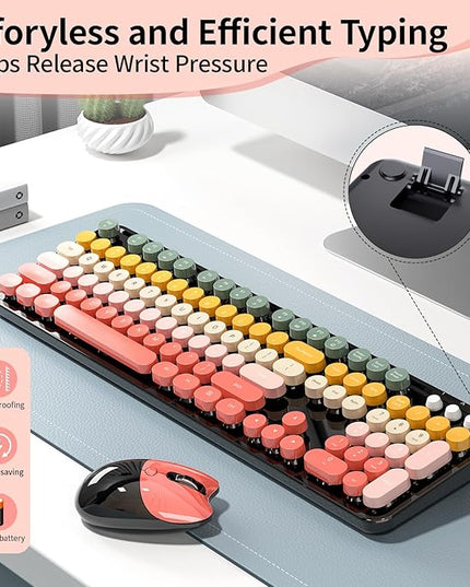 Wireless Keyboard and Mouse, MOFII 104 Round Keycaps Retro Typewriter with OTG & Brush, Full-Size Ergonomic, Ideal for Windows PC, Home, Office and College Rainbow Red