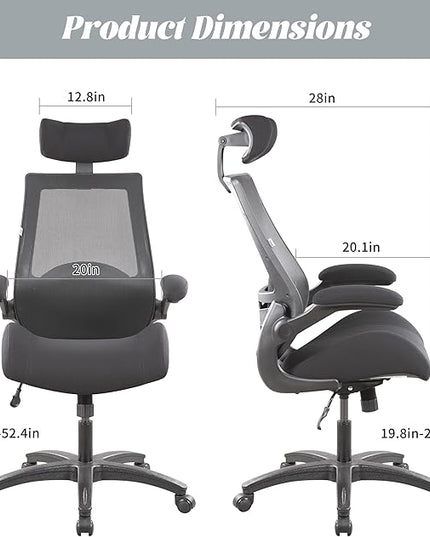 BOLISS Big and Tall Office Chair with Adjustable Headrest High Back Desk Chair Wide Seat Flip-up Arm 400pound Weight Capacity 8+Hours Use Breatheable Back(Black)