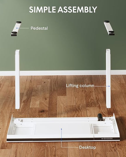 FLEXISPOT One-Piece 48" Standing Desk with Acrylic-Front Drawer, Fast-Assembly Ergonomic Sit-to-Stand Desk with MDF Top, 4 Height Memory Presets Touch-Control, Home Office Computer Workstation, White