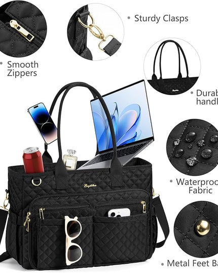 Teacher Bags for Women, 15.6 inch Laptop Work Tote Nurse Bible Bag Quilted Shoulder Handbag for Work, Daily, School, Travel