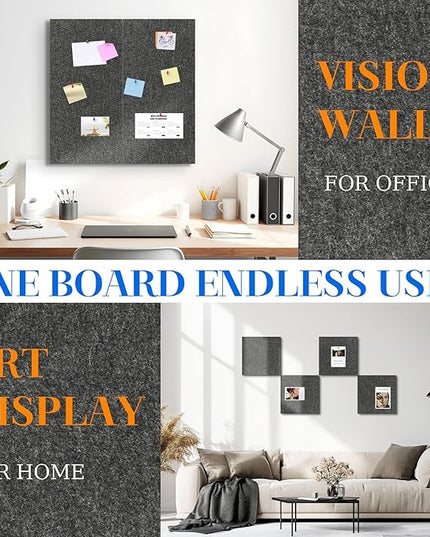 DOLLAR BOSS Felt Cork Board Tiles, 4 Packs 12" x 12" 1/2" Thick Cork Bulletin Board Self Adhesive Acoustic Panels Soundproof Corkboards for Walls with 40 Pushpins for Home Office Kitchen School, Grey