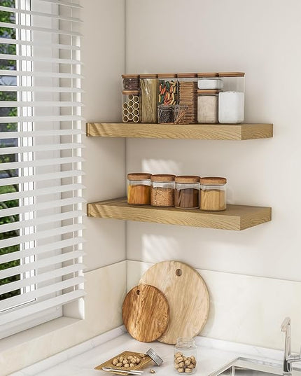 RICHFOCUS 24Inch Floating Shelves for Wall 2 Pack Shelves for Bedroom|Kitchen|Bathroom Wall Mounted Rustic Wood Floating Shelf with Invisible Brackets for Books|Storage|Decor, Oak