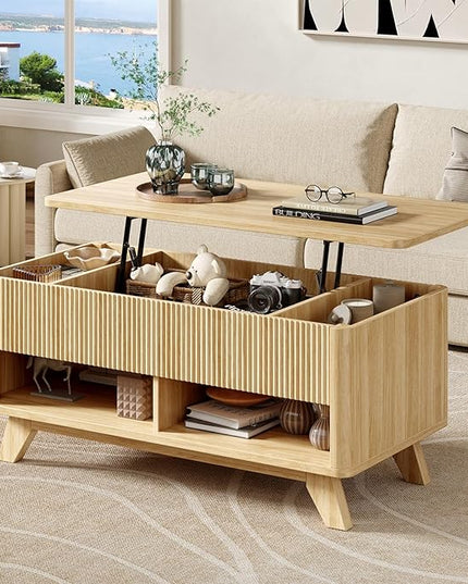 ONBRILL Farmhouse Lift Top Coffee Table, Mid Century Modern Coffee Table with Hidden Storage Compartment, Fluted Rising Pull up Wood Modern Center for Living Room, Office, Natural