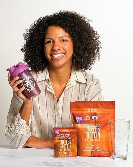 Click Coffee Protein Powder | Double Shot Espresso | 16g Protein | 23 Essential Vitamins | Low Calorie Meal Replacement | 150mg Caffeine | Gluten Free | No Artificial Flavors or Colors | Caramel