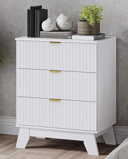 BORNOON Fluted 3 Drawer Dresser, 30.3" Tall Compact Modern Boho Chest of Drawers, Wooden Storage Cabinet for Bedroom, Living Room, Entryway, Curved Profile Design