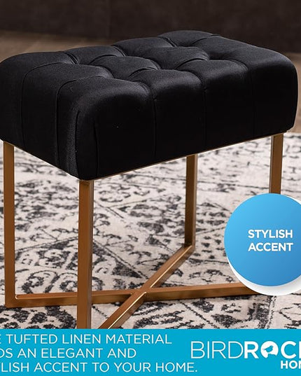 BIRDROCK HOME Rectangular Tufted Foot Stool Ottoman with Soft Padded Cushion - Versatile Vanity Chair for Bedroom, Living Room, Bathroom - Compact Seating for Adults - Black with Pale Gold Metal Legs