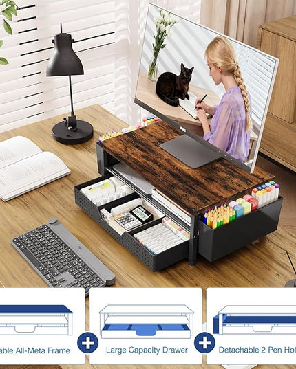 OPNICE Wood Desk Organizers and Accessories, 2-Tier Computer Monitor Stand Riser with Drawer and 2 Pen Holders, Laptop Stand, Office Desk Accessories for Office Supplies, Brown