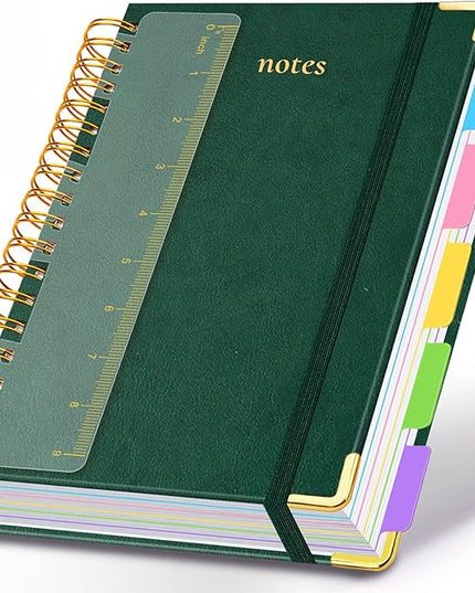 Hardcover Spiral Notebook 8"x10" Journal Notebook with Tabs and Removable Dividers 300 Pages 5 Subject Notebook College Ruled, Faux Leather Spiral Bound Notebook for Women School Work (Green)