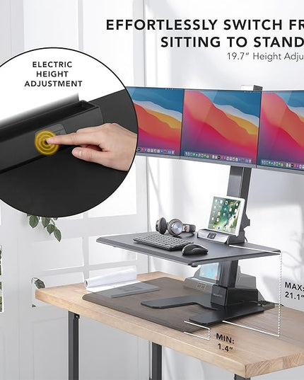 Mount-It! Triple Monitor Electric Standing Desk Converter - 3 Screens Stand Up Desk Riser - Height Adjustable Desktop & 3 Mounts for Screens up to 32", Sit-Stand Convertor for Home, Office, School
