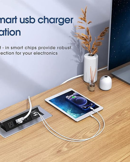 KYHSHJ Connection Box Desktop Pop Up Outlet with 2 USB Ports & 3 Outlets (Silver)
