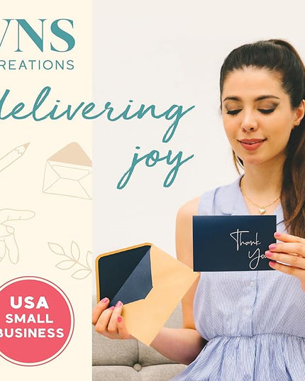 VNS Creations Thank You Cards With Envelopes Bulk Set & Stickers - 100 Pack 4x6 Blank Thank You Notes Bulk Box Set - Large Note Card Small Business, Wedding, Baby Shower & Bridal Shower - Navy Blue