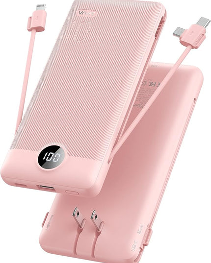 VRURC Portable Charger Built-in Cables and AC Wall Plug,USB C Power Bank 10000mAh, Travel Essentials Phone Charger Compact Lightweight External Battery Pack for Smart Phones, Tablets etc-Pink