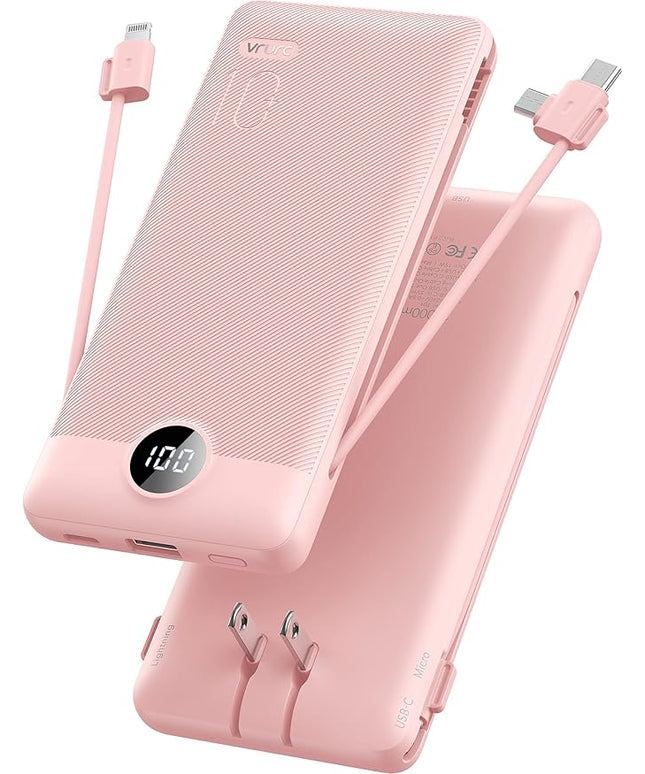 VRURC Portable Charger Built-in Cables and AC Wall Plug,USB C Power Bank 10000mAh, Travel Essentials Phone Charger Compact Lightweight External Battery Pack for Smart Phones, Tablets etc-Pink