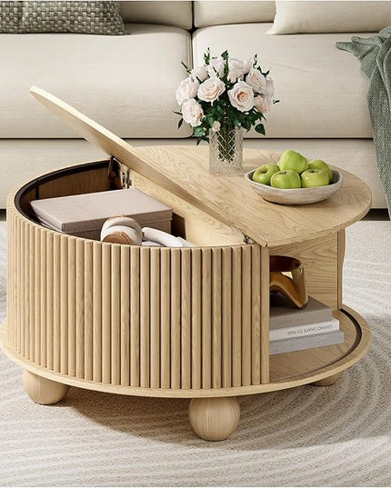 JOINICE Round Coffee Table with Storage, 31.5" Natural Oak Fluted Drum Center Table, Scandi Japandi Wood Circle Table with Sliding Door & Bun Feet for Living Room