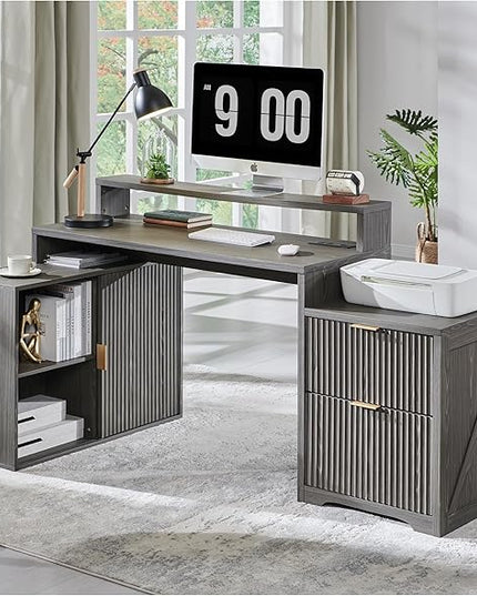 JXQTLINGMU 67" Modern L Shaped Desk with Storage Cabinet & Drawers, Wood Home Office Desk with Power Outlets, Fluted Computer Writing Desk, Grayish Green