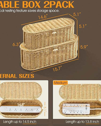 FairyHaus Cable Management Box 2Pack Caramel, Handwoven Large and Small Cable Organizer Box Cover to Hide Cords and Power Strip, Imitation Wicker Cord Organizer Box Hider for Office Desk and Floor
