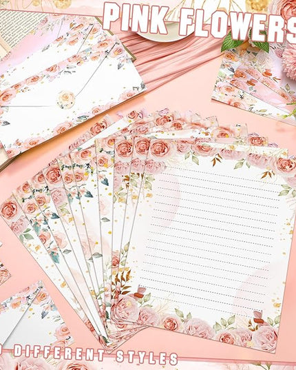 TaoBary 160 Pcs Stationery Paper Set 50 Double Sided Stationery Papers with 50 Matching Envelopes and 60 Round Dot Sticker, 10 Design(Floral,8.5 x 11 Inch)