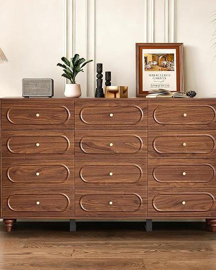 12 Drawer Fluted Dresser for Bedroom, Mid Century Modern Chest of Drawers, Wood Storage Small Dresser Organizer for Bedroom Living Room Hallway Closet, Walnut