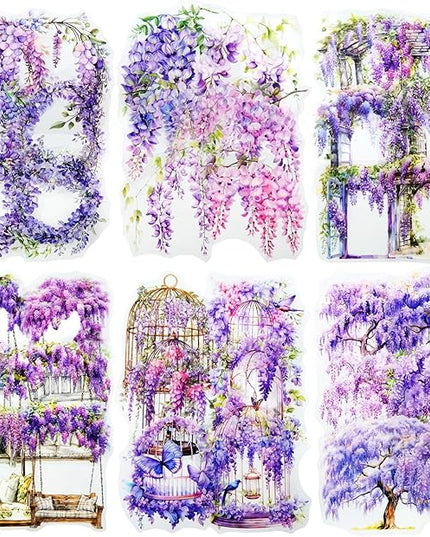 AuriicLeaf Wisteria Floral PET Sticker Set, 60Pcs Purple Flower Stickers for Scrapbooking, Journaling, Junk Journal Supplies, and DIY Crafts