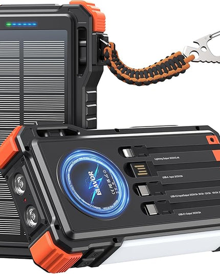 BLAVOR 45W Solar Charger Power Bank 20000mAh Wireless Portable Charger Built-in Cables, PD QC Fast Charging Battery Pack with USB-C for iPhone, Samsung, Dual Flashlight & Carabiner for Camping, Hiking