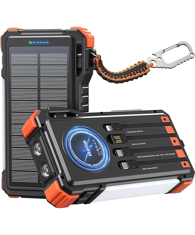 BLAVOR 45W Solar Charger Power Bank 20000mAh Wireless Portable Charger Built-in Cables, PD QC Fast Charging Battery Pack with USB-C for iPhone, Samsung, Dual Flashlight & Carabiner for Camping, Hiking