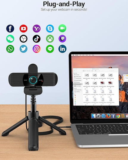 RUWBY Full HD 1080P Webcam with Built-in Dual Mics, Wide-Angle Lens, Privacy Cover, Tripod Stand, Autofocus PC Camera, Plug and Play for Desktop Computer or Laptop
