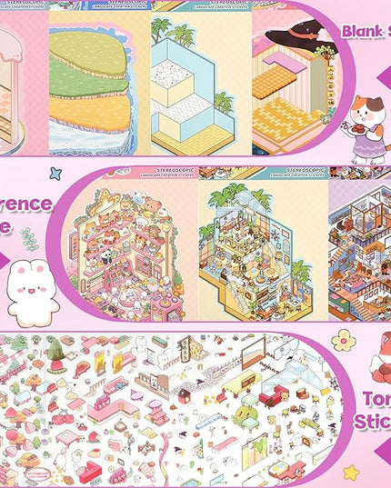 ASTARON 6 Sets DIY 3D Sticker Scene Book Sticker Therapy for Adults, Make Your Own Mini Cozy Shop House Room Stickers Cute Cartoon Miniature Stickers, Relief Stress Pass The Time