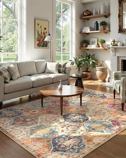 Lahome Moroccan Trellis Washable Small Area Rug, 3x5 Area Rug for Bedroom Living Room, Non-Slip Oriental Accent Throw Carpet for Kitchen Office Entryway Bathroom Office, Cream/Multi