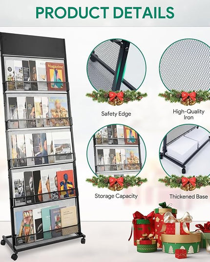 5 Layer Floor Magazine Rack Stand, 70"×27×13.6" Brochure Display Stand with 4 Universal Wheels, Detachable Magazine Display withTop Billboard, for Exhibitions, Shopping Malls, Hospitals, Offices